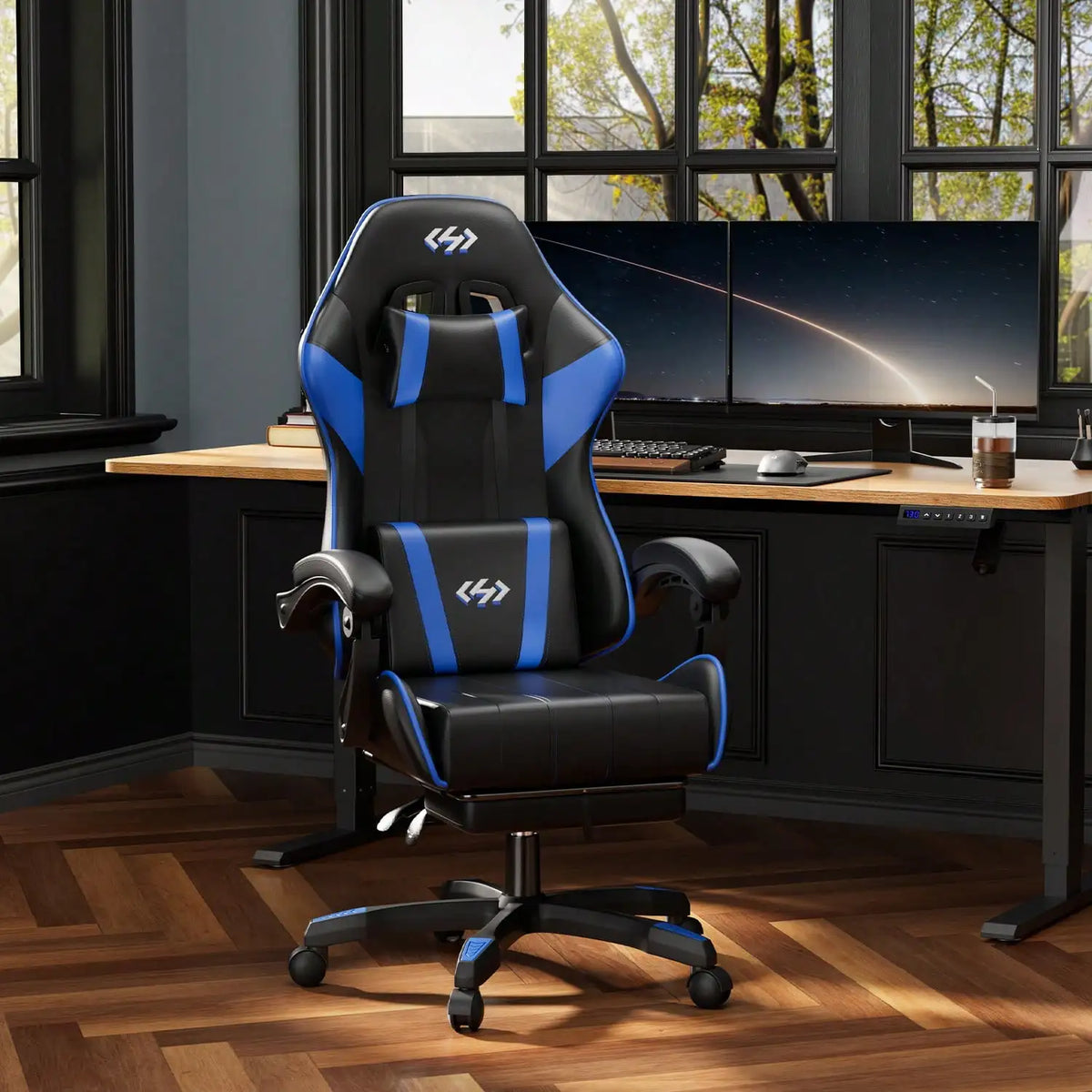 HLDIRECT Gaming Chair, Ergonomic Computer Office Chair With Lumbar Support Footrest Headrest, Adjustable Height & Backrest Angle Video Gamer Chair, PU Leather, 360° Swivel, Adult,Black And Blue