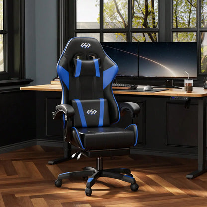 HLDIRECT Gaming Chair, Ergonomic Computer Office Chair With Lumbar Support Footrest Headrest, Adjustable Height & Backrest Angle Video Gamer Chair, PU Leather, 360° Swivel, Adult,Black And Blue