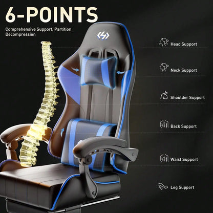 HLDIRECT Gaming Chair, Ergonomic Computer Office Chair With Lumbar Support Footrest Headrest, Adjustable Height & Backrest Angle Video Gamer Chair, PU Leather, 360° Swivel, Adult,Black And Blue