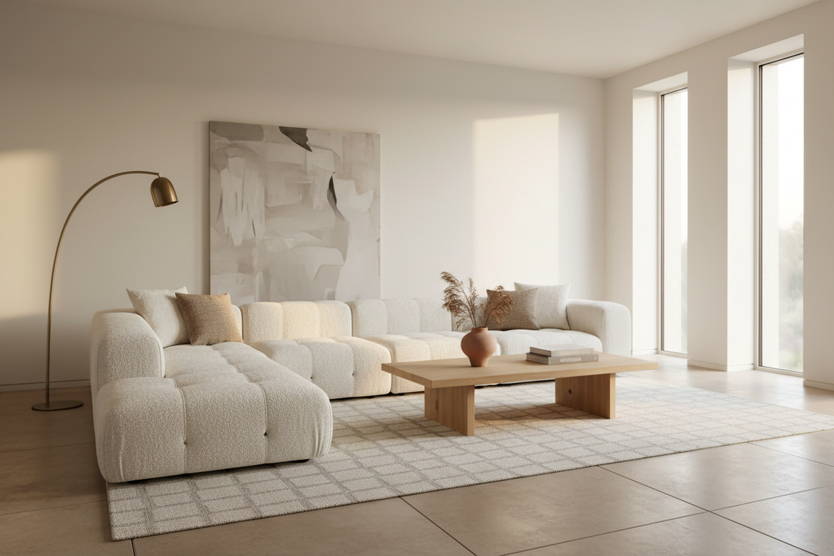 Ivory teddy velvet modular L-shaped sectional styled in a minimalist living room